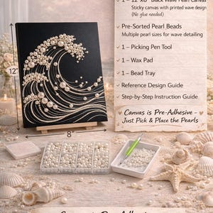 May include: A black 12" x 8" canvas with a wave design made of white pearls. The image includes a material list, pearl beads, a picking pen tool, and a bead tray. The text says "Canvas is Pre-Adhesive - Just Pick & Place the Pearls."