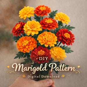 Può includere: Un bouquet di fiori di calendula nei toni del giallo, arancione e rosso, con foglie verdi. Il testo "DIY Marigold Pattern Digital Download" è visibile nell'immagine.