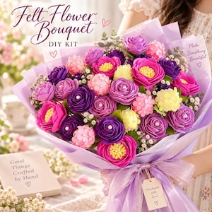 May include: A DIY felt flower bouquet kit featuring a vibrant arrangement of purple, pink, and yellow felt flowers with pearl centers, wrapped in light purple paper with a ribbon and a tag reading Handmade with Love and text Felt Flower Bouquet.