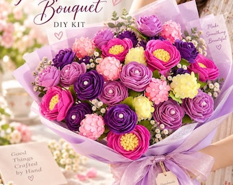 DIY Felt Flower Bouquet Kit – Pink & Purple Roses, Hydrangea, Easter, Valentine's, Mother's Day Gift
