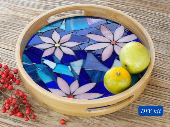 DIY Mosaic wooden tray, DIY food tray, mosaic glass diy kit - Pink flowers & Blue mosaic Tray