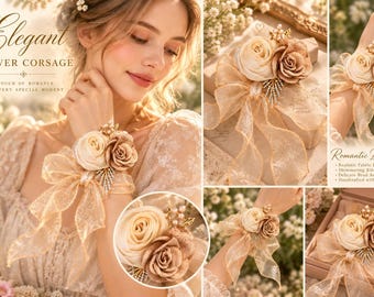 Champagne Rose Wrist Corsage, Ivory Gold Floral Bracelet, Wedding Bridal Corsage, Prom Flowers, Mother of Bride Wristlet