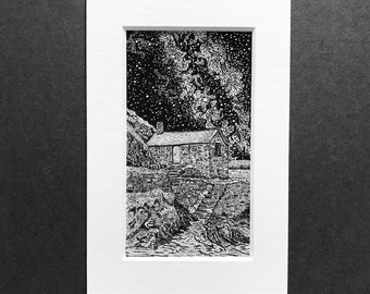 Mullion Under The Milky Way,Cornwall, Art print from an original hand drawn pen and ink drawing,black and white ,wall decor, Cornish gift