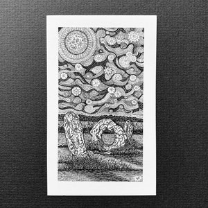 May include: Black and white pen and ink drawing of a night sky with a large sun and many stars. The drawing also includes a stone archway and two standing stones in the foreground.