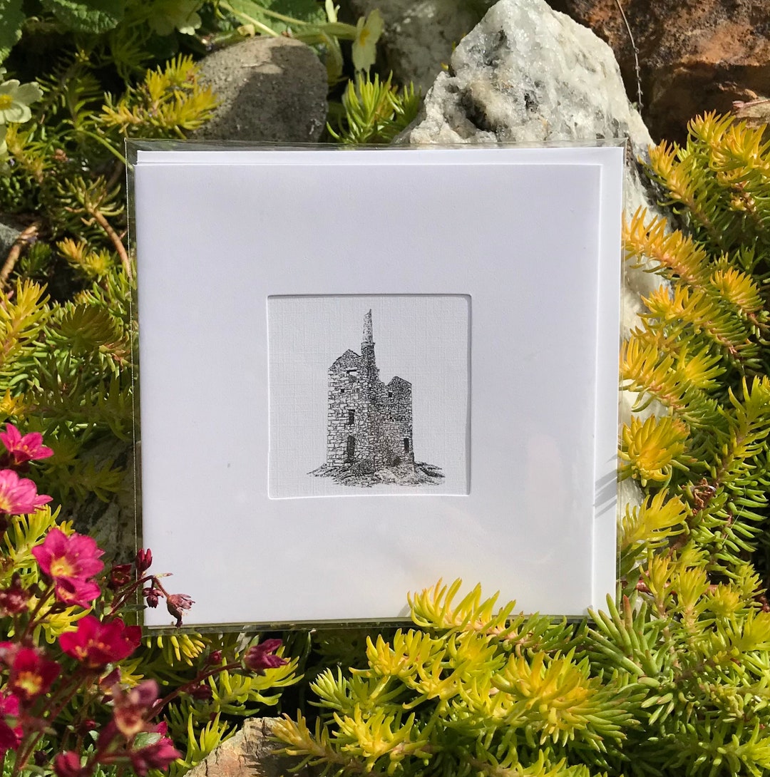 Black Ink Art Card of a Cornish Tin Mine at St Just , Black and White