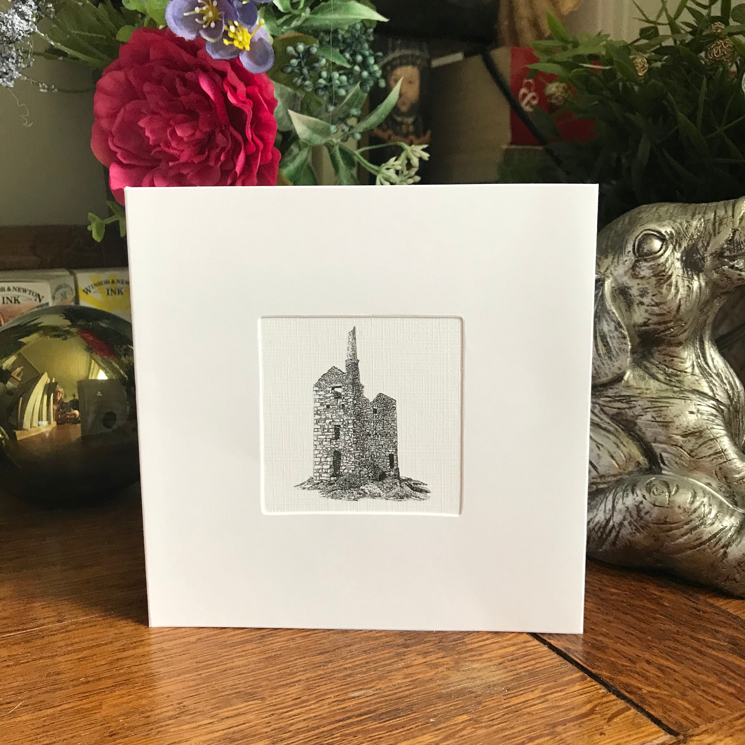 Black Ink Art Card of a Cornish Tin Mine at St Just , Black and White