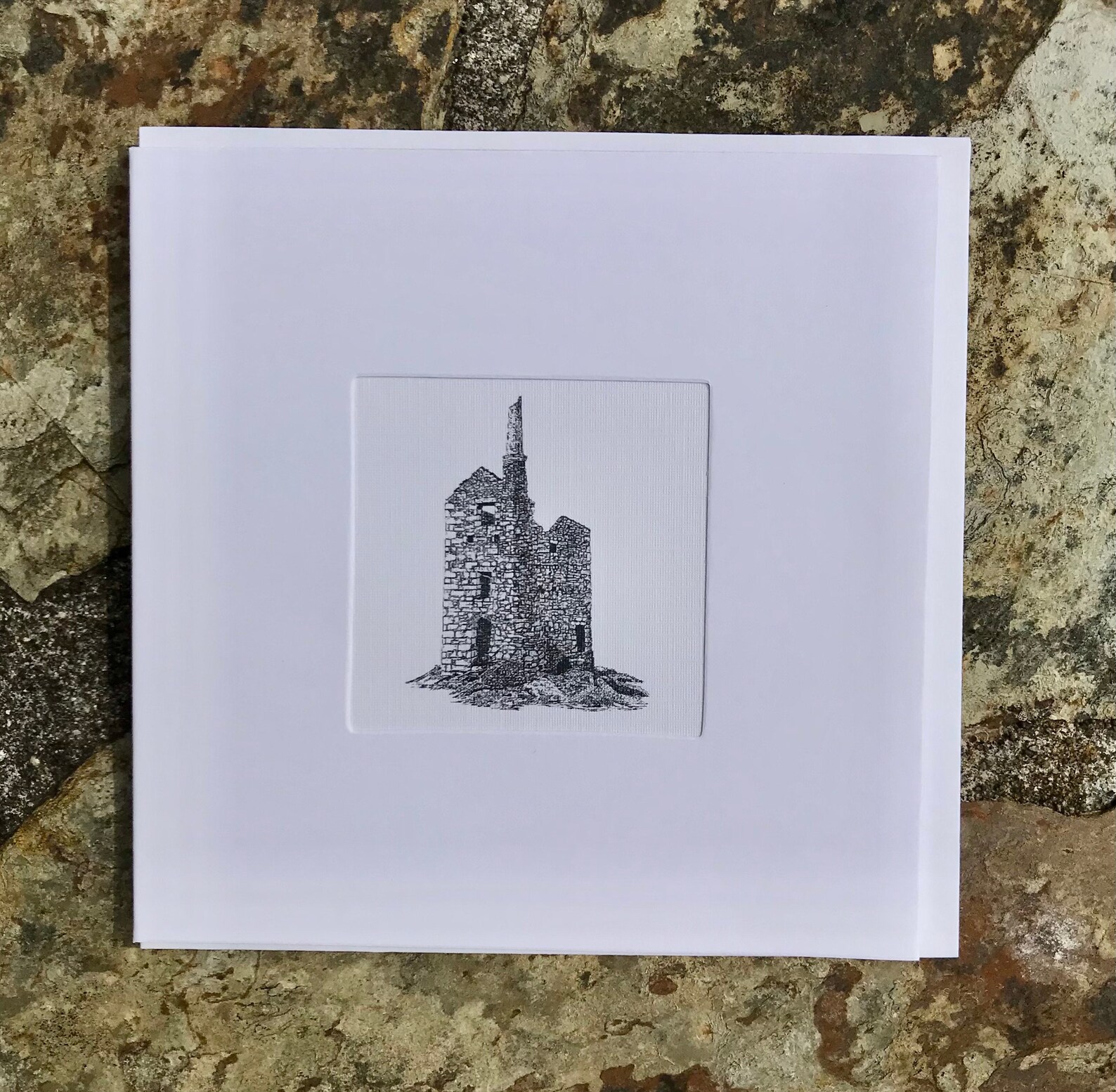 Black Ink Art Card of a Cornish Tin Mine at St Just , Black and White