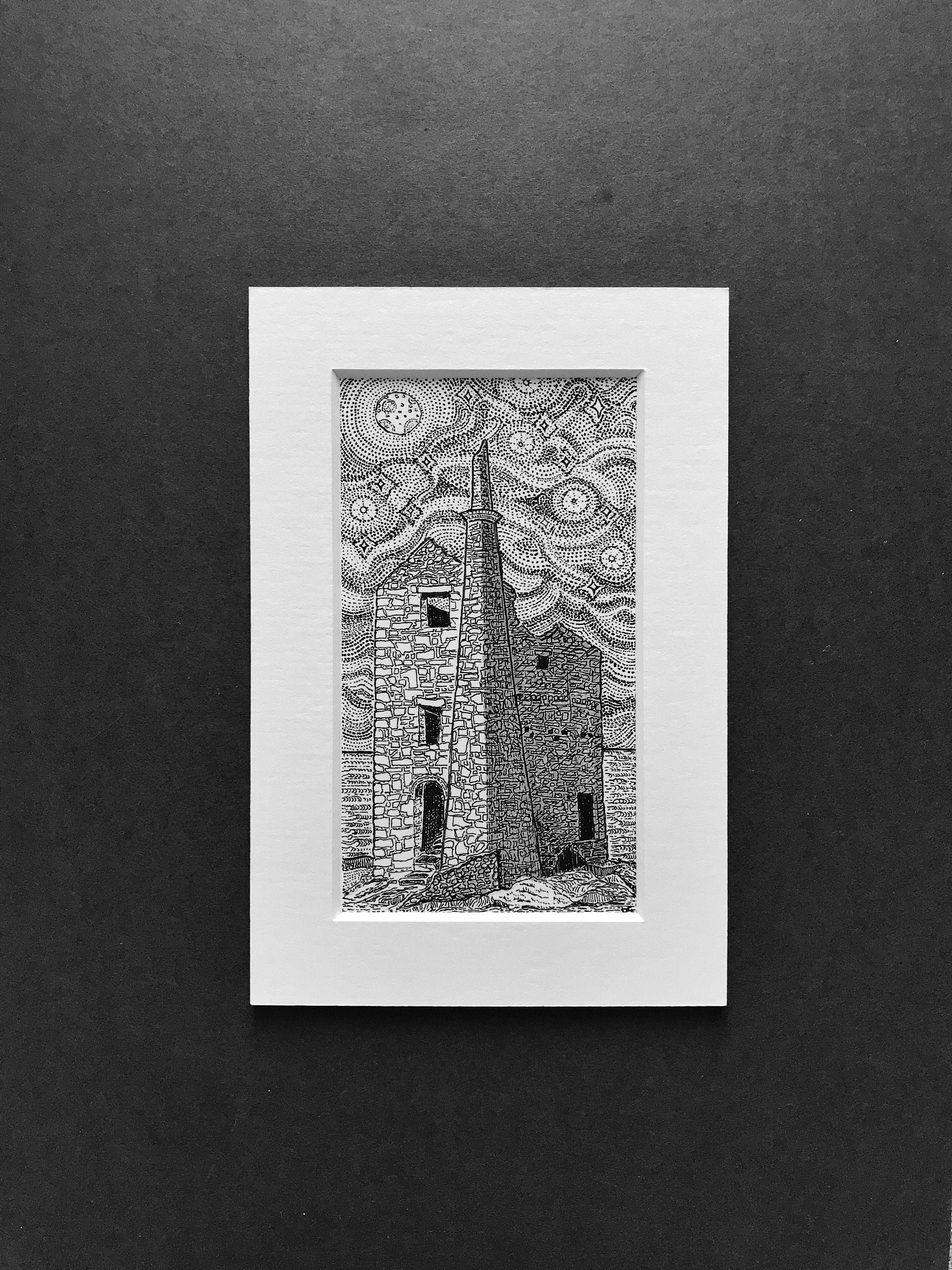 Wheal Owles Mine, St Just, Art print of an ink drawing of the tin mine under a starry sky, cornish g