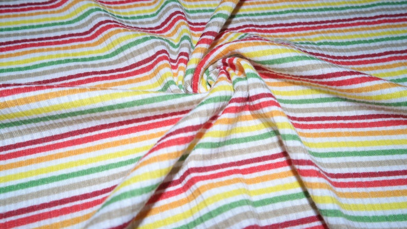 Retro Rainbow Brushed Striped Ribbed Stretch Jersey Knit Apparel Craft Fabric Rayon Poly Spandex By The Yard