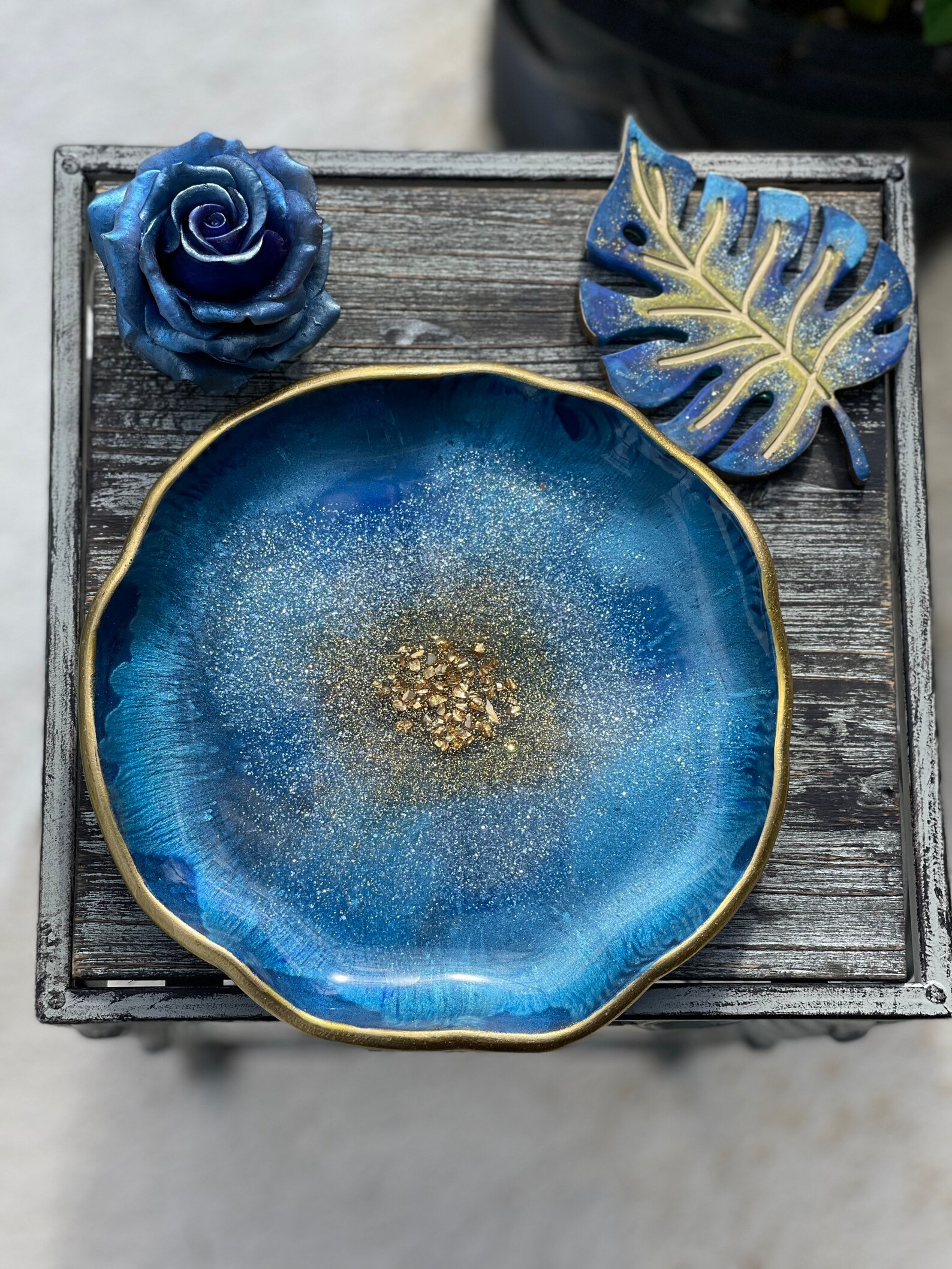 Resin Plate Jewelry Dish Resin Gifts Blue and Gold Resin Etsy