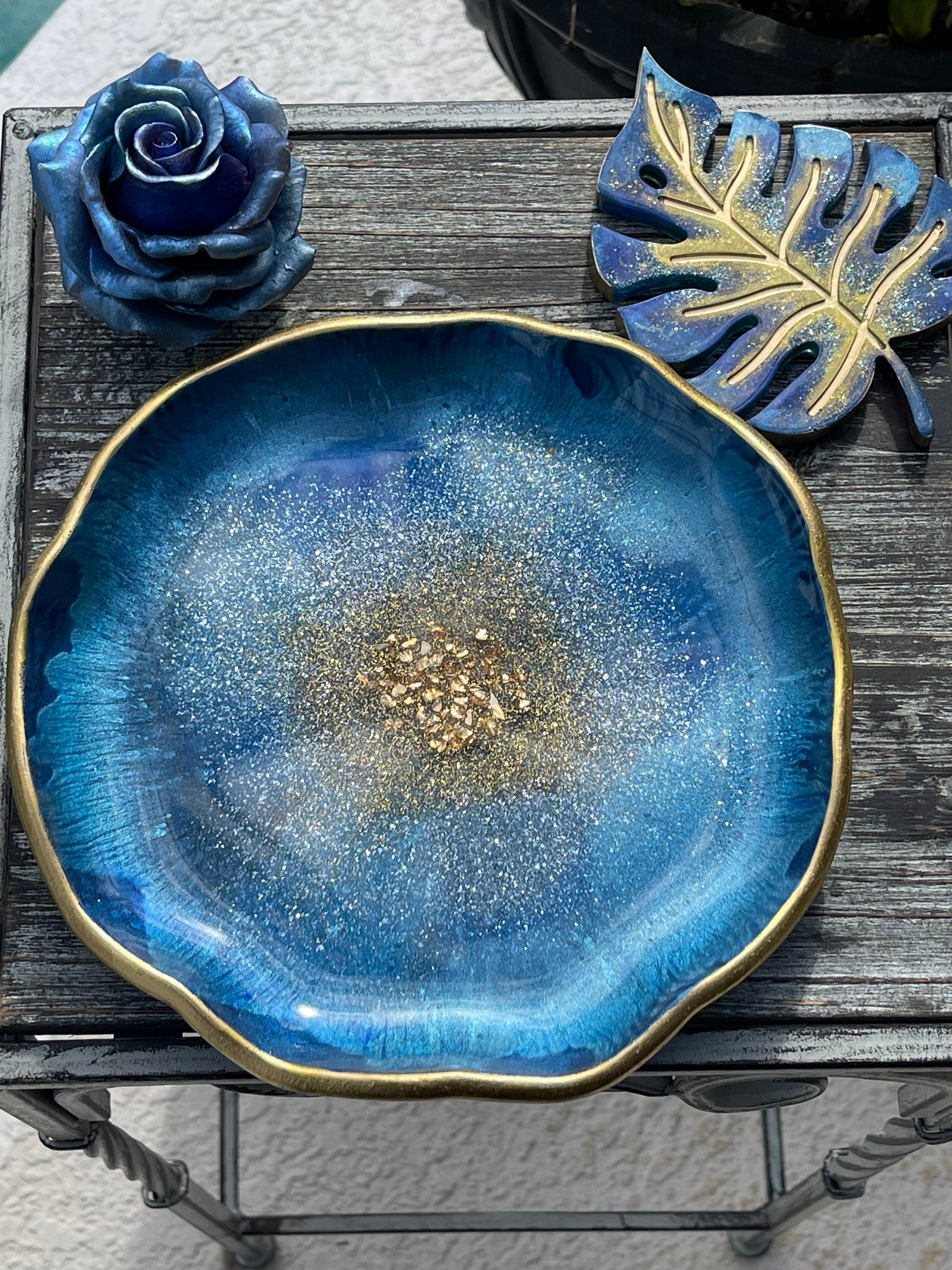 Resin Plate Jewelry Dish Resin Gifts Blue and Gold Resin Etsy