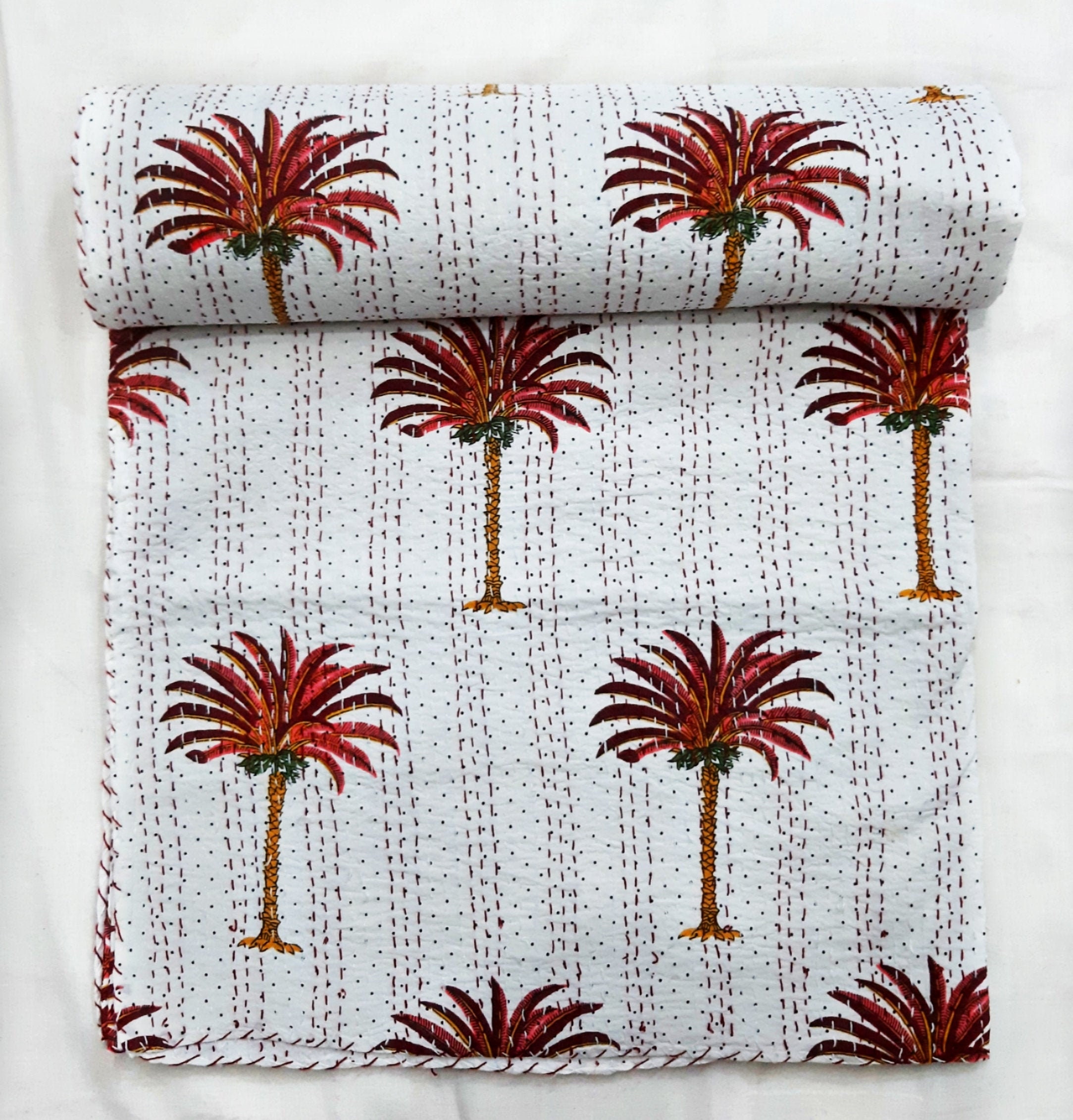 Palm Tree Kantha Quilt Indian Cotton Comforter Hippie Etsy