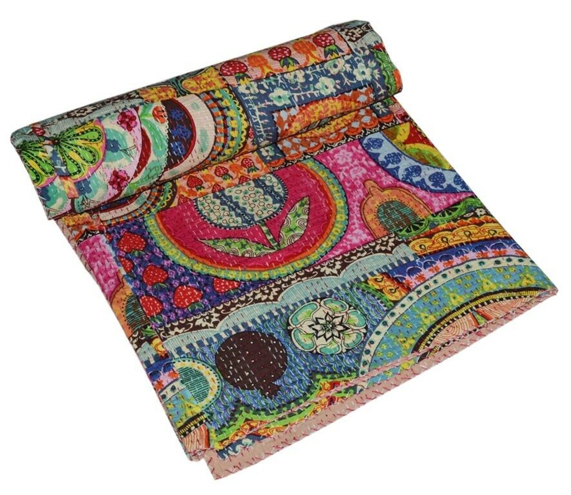 100 Cotton Kantha Quilt King Size Blanket Bohemian Bedspread Etsy