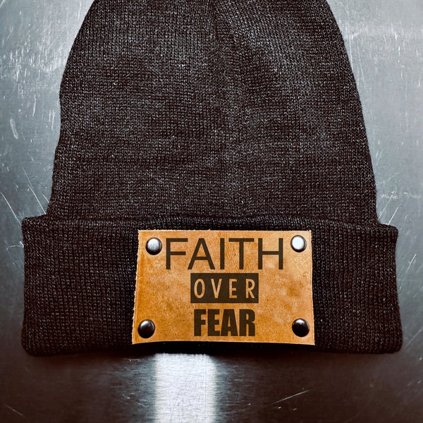 FAITH OVER FEAR 100% full grain genuine leather adult unisex beanie hat handmade from real raw materials