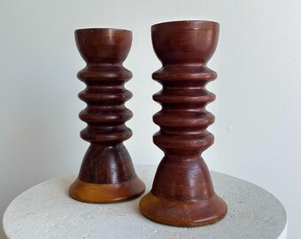 Handmade Turned Wood Canlde Holders, Pair