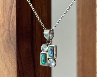 Vintage Modernist 925 Sterling Dainty Chain with Pendant, Abalone, Moonstone