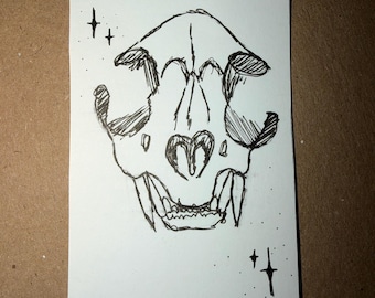 Tarjeta de arte original de ACEO, tinta de 2,5 x 3,5 pulgadas - Serie 1/2 de calavera de mapache
