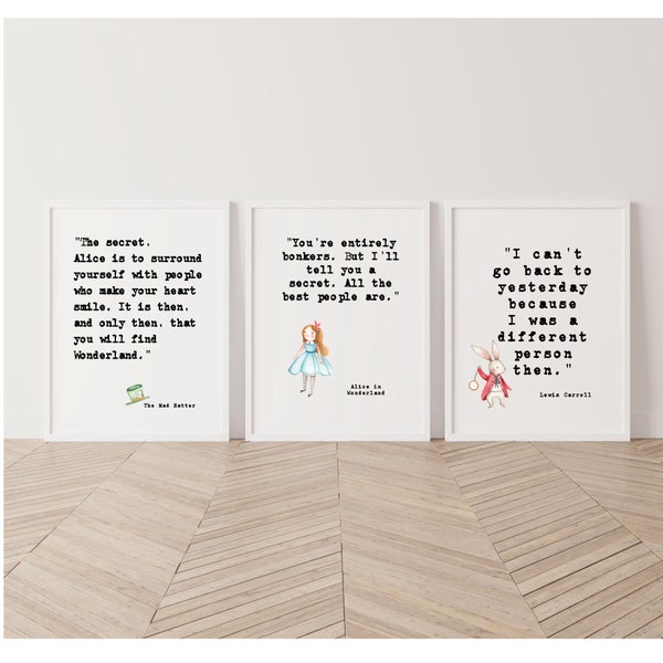 Alice in Wonderland Poster Set of 3 Prints, Alice Quotes Wall Art,  Mad Hatter Decor Best Friend Gift Sister Gift