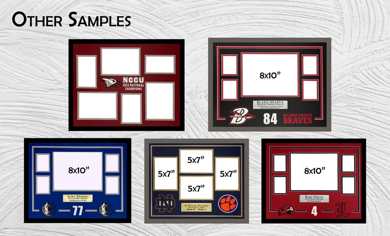 May include: Four different collage picture frames with various sizes and colors. The frames are made of wood and have a black mat. The frames are decorated with different sports logos and text. The frames are 8x10 inches and 5x7 inches.
