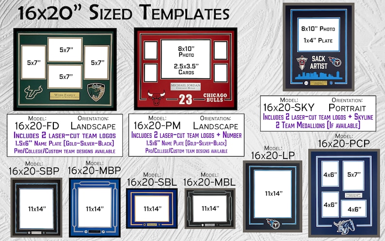 May include: A set of 16x20 inch picture frame templates for sports fans. The templates include different layouts for photos, cards, and team logos. The templates are available in a variety of colors and styles.