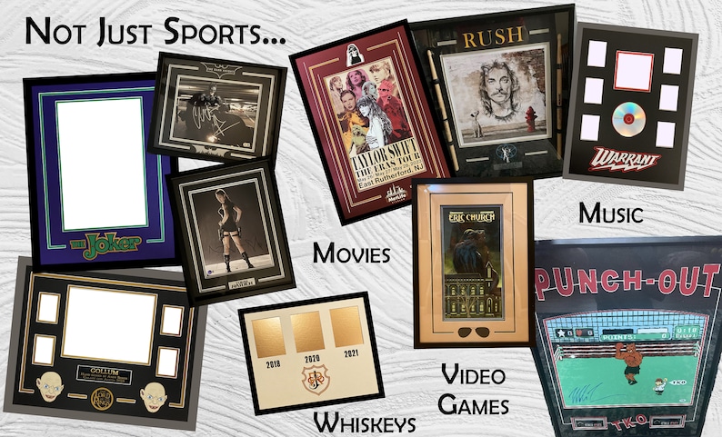 May include: A collection of framed memorabilia, including music, movies, video games, and whiskeys. The frames are all different colors and styles, and the items inside are all unique and interesting. The text "NOT JUST SPORTS..." is at the top of the image.