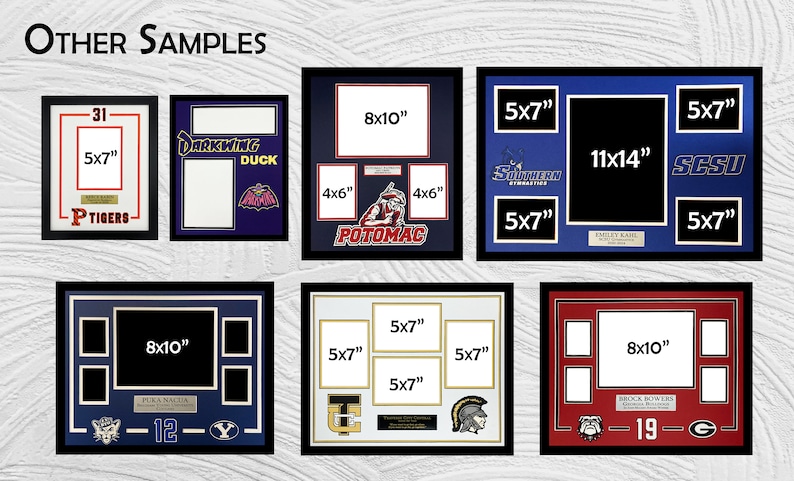 May include: A collage of different picture frames with various sizes and colors. The frames are all black and have a white mat. The frames are arranged in a grid pattern. The frames are all empty, but they have text inside that indicates the size of the frame. The sizes of the frames are 5x7 inches, 8x10 inches, 4x6 inches, and 11x14 inches.