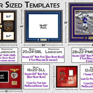May include: A chart showing different sizes of picture frames with descriptions of the included features. The frames are available in 20x24, 16x20, 12x12, and 28x22 inch sizes. The frames are designed for displaying photos, trading cards, and other memorabilia.