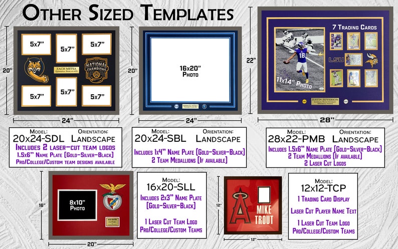 May include: A chart showing different sizes of picture frames with descriptions of the included features. The frames are available in 20x24, 16x20, 12x12, and 28x22 inch sizes. The frames are designed for displaying photos, trading cards, and other memorabilia.