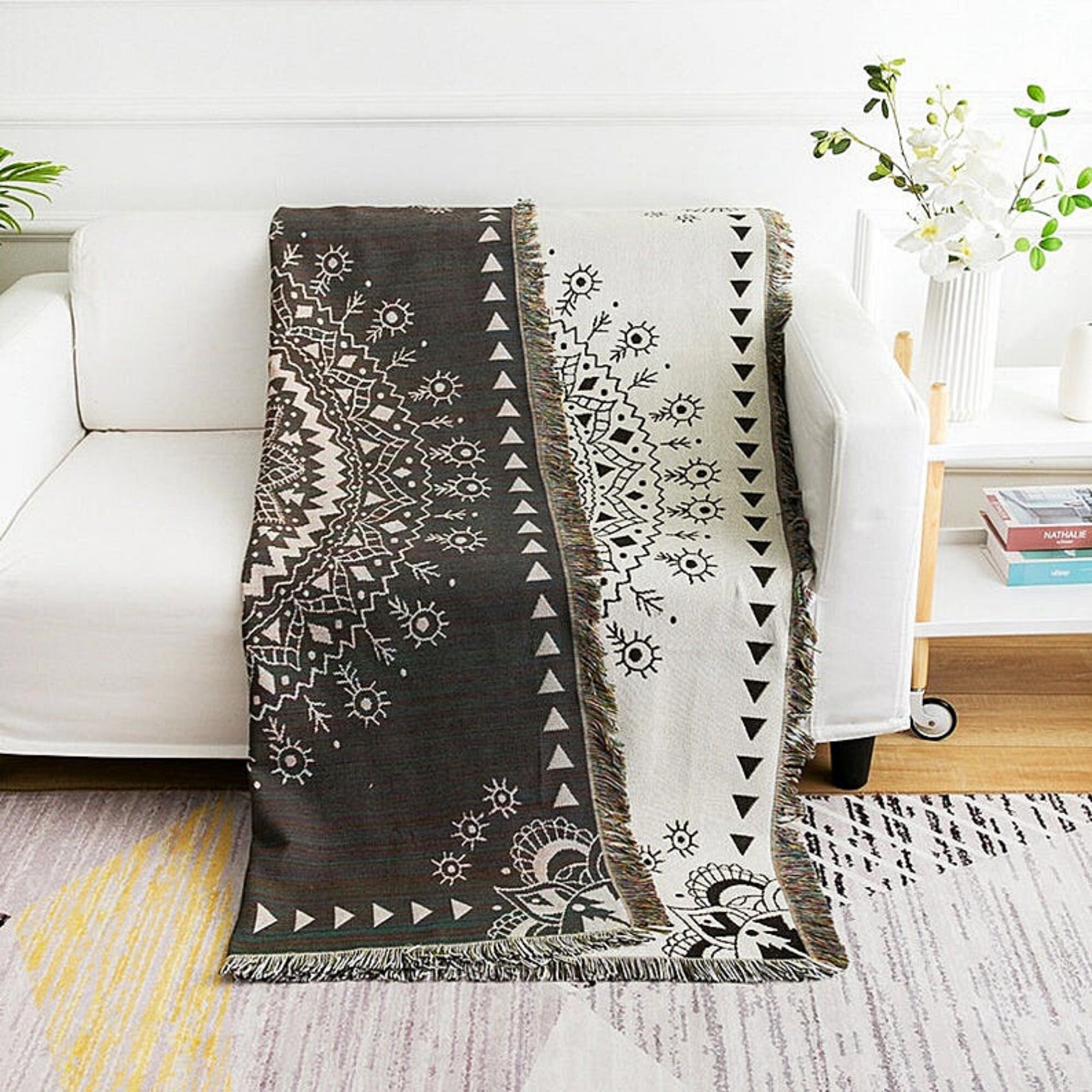 Boho Cotton Woven Throw Blanket Reversible Mandala Pattern Etsy