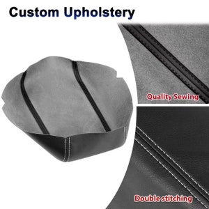 May include: Black custom upholstery with gray interior. The image shows the inside and outside of the upholstery, with close-ups of the quality sewing and double stitching. The text "Custom Upholstery" is at the top.