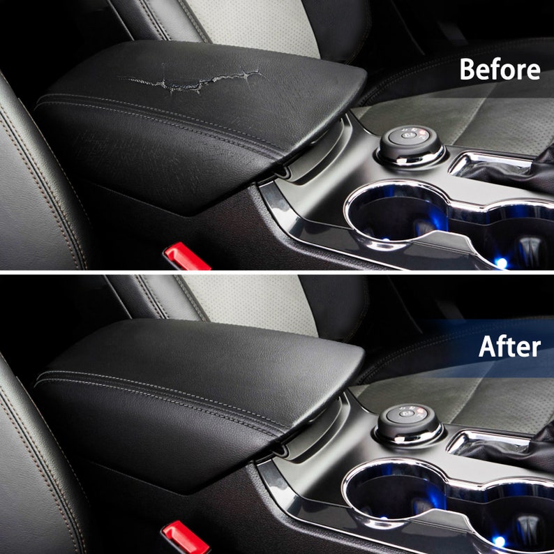 May include: Before and after comparison of a black car armrest. The top image shows a damaged armrest with cracks. The bottom image shows the armrest repaired, smooth, and without damage. The text "Before" and "After" are visible.