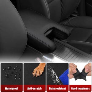 Puede incluir: Primer plano de un asiento de coche de cuero negro con un reposabrazos de consola central. La imagen muestra cuatro caracter&iacute;sticas diferentes de la funda del asiento: impermeable, antiara&ntilde;azos, resistente a las manchas y buena resistencia.