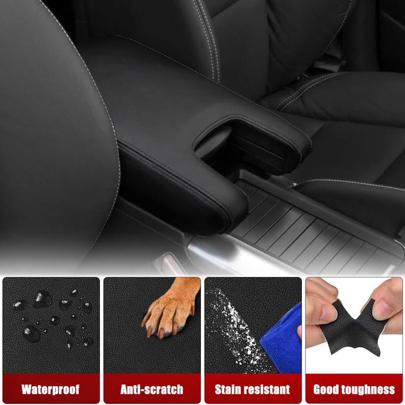 Puede incluir: Primer plano de un asiento de coche de cuero negro con un reposabrazos de consola central. La imagen muestra cuatro caracter&iacute;sticas diferentes de la funda del asiento: impermeable, antiara&ntilde;azos, resistente a las manchas y buena resistencia.