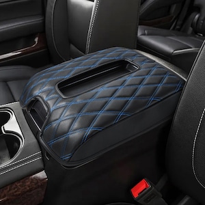 Fits 2014-2018 Chevy Silverado GMC Sierra Bucket Seat Leather Middle Console Lid Armrest Cover Pet Cushion Pad Anti-Scratch Blue Stitch