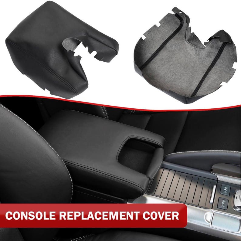 Puede incluir: Cubierta de repuesto para consola central de coche de cuero negro. La cubierta se muestra en dos piezas, una para la parte superior y otra para la inferior. La cubierta se muestra instalada en un coche.