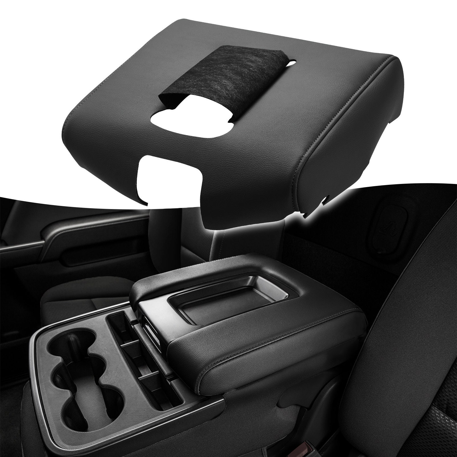 Soillar Console Lid Armrest Cover – Black Leather With Gray Stitching For Chevy Silverado & GMC Sierra 2014-2018