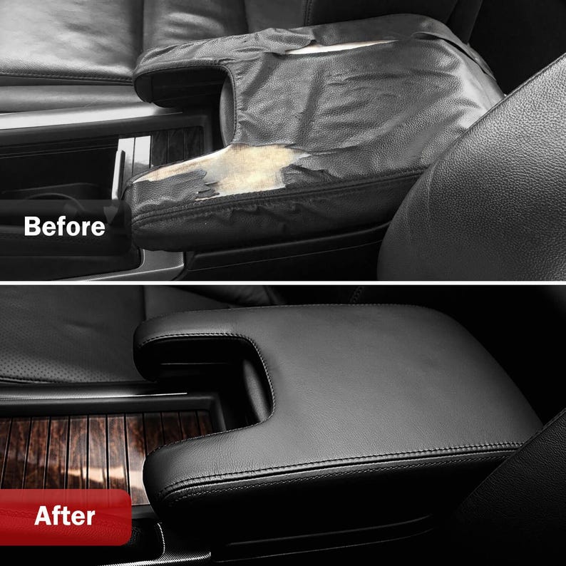 Puede incluir: Im&aacute;genes antes y despu&eacute;s del reposabrazos de la consola central de un coche. La imagen antes muestra el reposabrazos con un desgarro en el cuero. La imagen despu&eacute;s muestra el reposabrazos con el desgarro reparado.