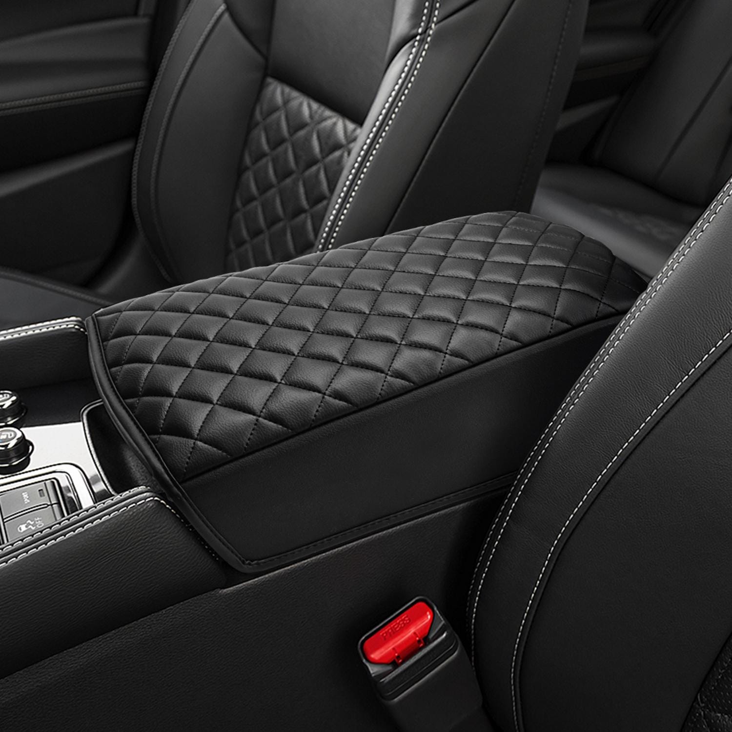 Fits For 2015 2016 2017 2018 2019 Ford Mustang GT Genuine Leather Center Console Armrest Cover (Made In USA) (Red Stitching - Foto 5