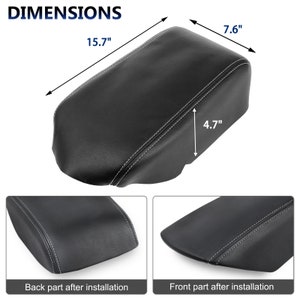 May include: Black leather armrest cover with white stitching. Dimensions are 15.7 inches long, 7.6 inches wide, and 4.7 inches high. The image includes close-up views of the back and front parts after installation. The word "DIMENSIONS" is at the top.