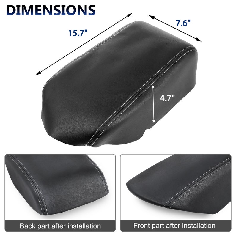 May include: Black leather armrest cover with white stitching. Dimensions are 15.7 inches long, 7.6 inches wide, and 4.7 inches high. The image includes close-up views of the back and front parts after installation. The word "DIMENSIONS" is at the top.