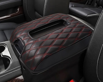 Fits 2015-2020 GMC Yukon XL Bucket Seat Leather Center Console Lid Middle Armrest Cover Pet Cushion Protector Anti-Scratch Red Stitch KBH