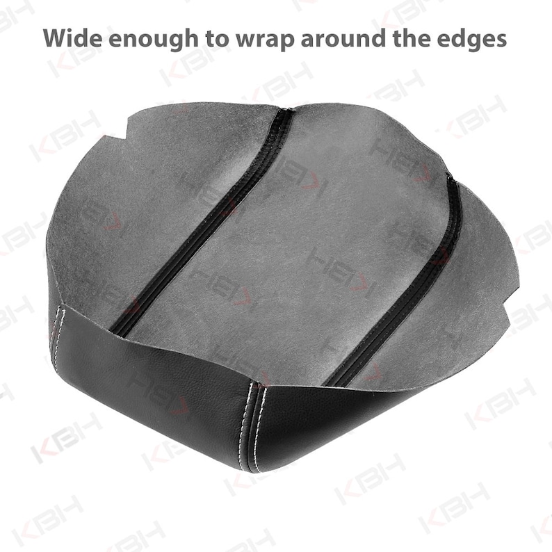 May include: Black leather car seat cover with white stitching. The interior is gray. The text "Wide enough to wrap around the edges" is visible at the top. The cover is designed to fit around the edges of a car seat.