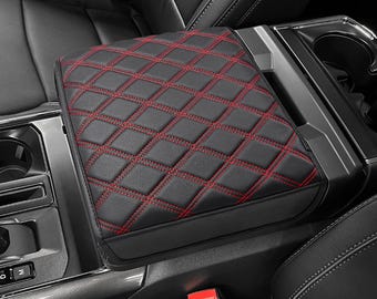 Fits F-150 2021-2026 Center Console Lid Armrest Cover Bucket Seat - Black Vinyl Faux Leather - Diamond Quilted Cushioned Anti-Scratch by KBH