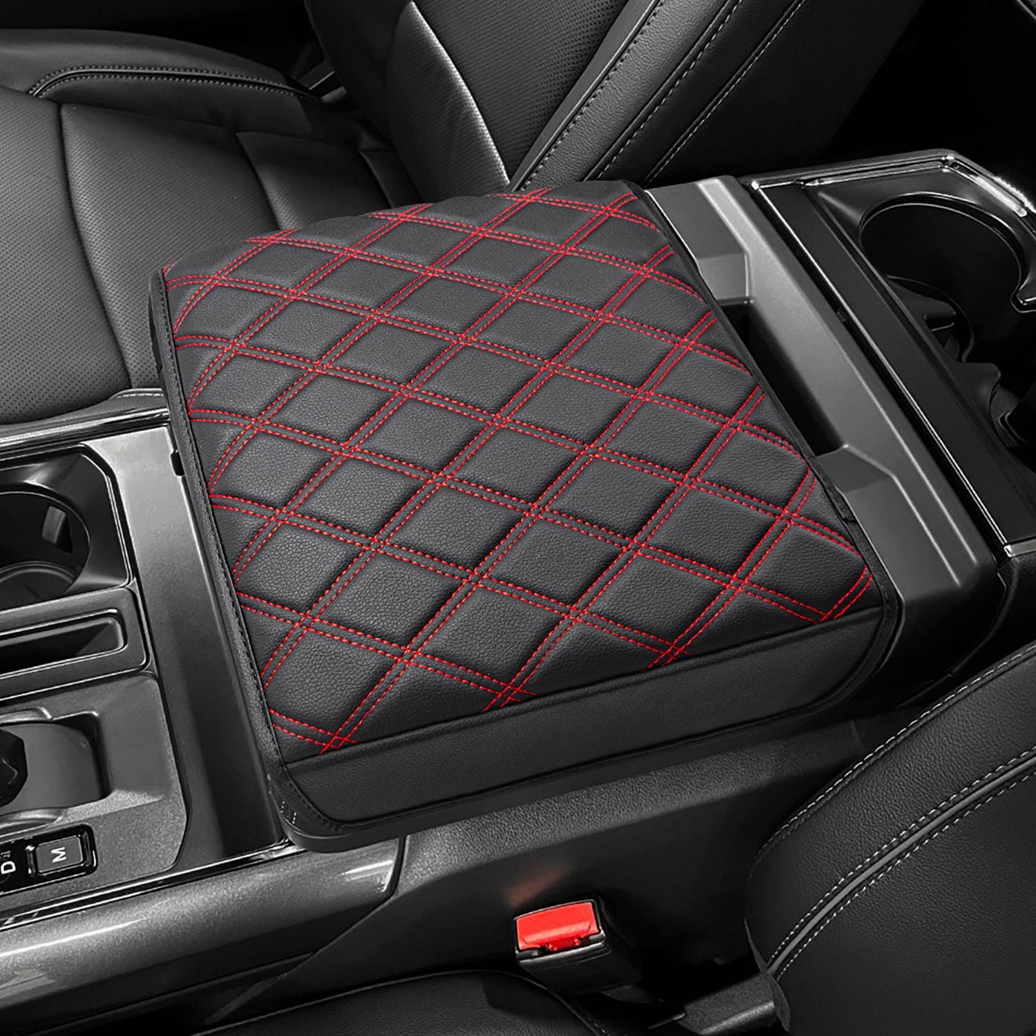 thumbnail image 2 of Center Console Lid Armrest Cover For Ford F-150 2015-2022 - PU Leather, Black With Red Stitch, Waterproof, KBH 2 of 4