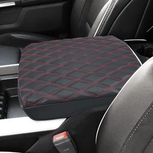 Fits 2019-2026 Dodge Ram Leather Center Floor Console Lid Armrest Cover Pad Cushion Protector Custom Interiors Anti-Scratch KBH Red Stitch