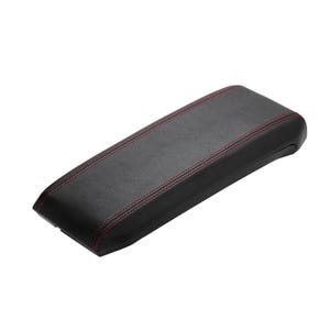 May include: Black leather armrest with red stitching.