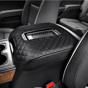 Fits 2015-2020 GMC Yukon XL Bucket Seat Leather Middle Center Console Lid Armrest Cover Pad Pet Cushion Protector Anti-Scratch KBH Black