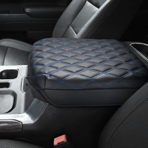 Fits 2019-2025 Chevy Silverado GMC Sierra Bucket Seat Leather Center Console Lid Armrest Covering Pad Cushion Protector Blue Stitching KBH