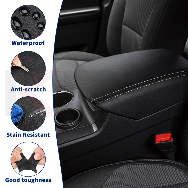 May include: Black car armrest with white stitching, cup holders, and a red seat belt buckle. The image also shows close-ups of the material, highlighting its waterproof, anti-scratch, stain-resistant, and durable qualities. Text on the image reads: Waterproof, Anti-scratch, Stain Resistant, Good toughness.