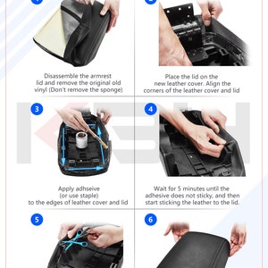 May include: Installation instructions for a black leather armrest cover. Steps include disassembling the armrest, applying adhesive, and trimming the leather for a tight fit. Text in white on a blue background.